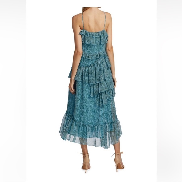 CINQ A SEPT RAYNER PRINTED RUFFLED MIDI DRESS IN CELESTE MULTI - Picture 3 of 7